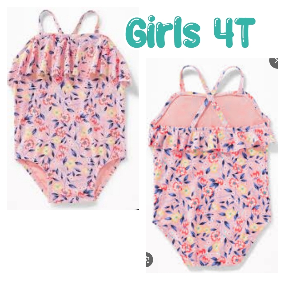 Old Navy Floral Printed Ruffle Trim Criss Cross Swimsuit Girls 4T Summer Beach